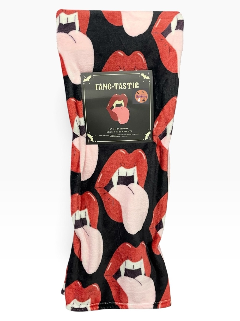 Fang-Tastic Halloween Plush Throw Black Red Vampire Teeth Lips Tongue 50x60 NEW